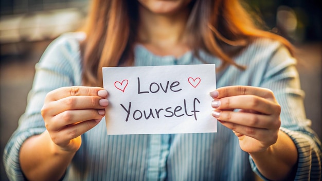 a woman holds a piece of paper that says love yourself