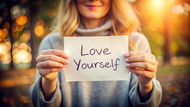 Photo a woman holds a piece of paper that says love yourself