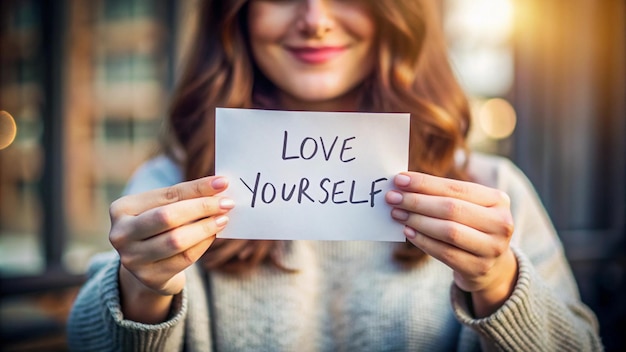 Photo a woman holds a piece of paper that says love yourself