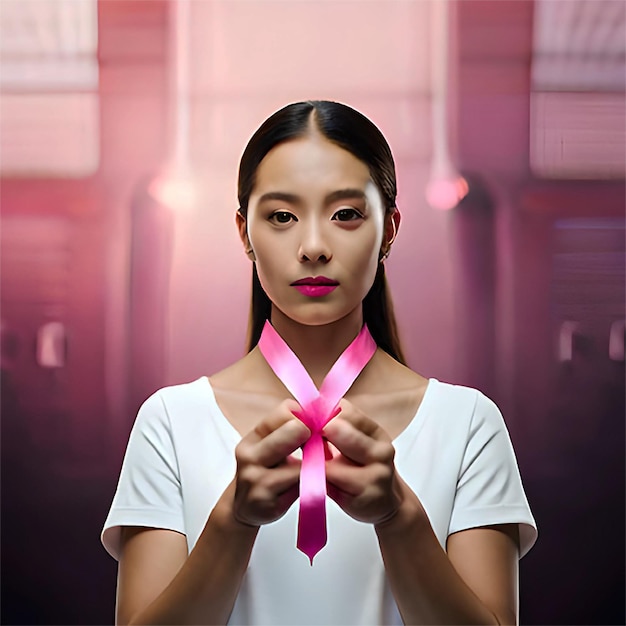 A woman holds a pink ribbon in her hands