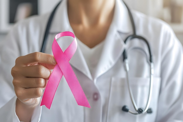 a woman holds a pink ribbon with a pink ribbon