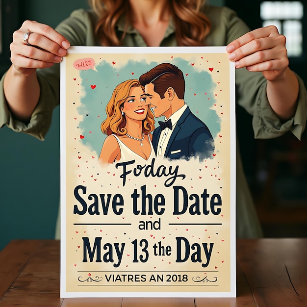 Photo a woman holds a poster that says save the date and the date of may 22