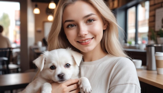 a woman holds a puppy and poses for a photo with a dog