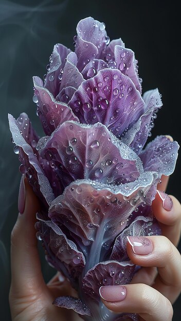 a woman holds a purple cabbage that has water drops on it