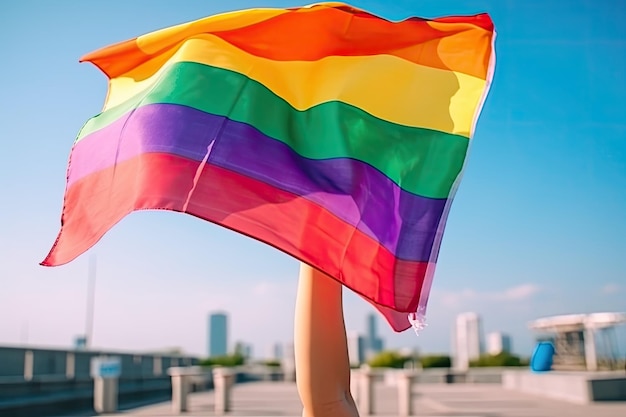 A woman holds a rainbow flag in front of a cityscape.