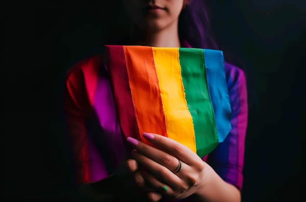 A woman holds a rainbow flag in her hands.