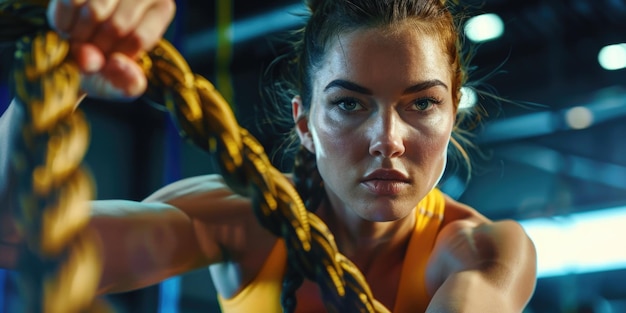 A woman holds a rope in a gym setting ready for exercise or training