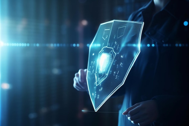 A woman holds a shield with the word data on it.