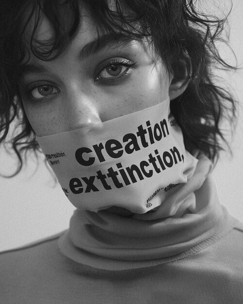 a woman holds a sticker that says  create a message on it