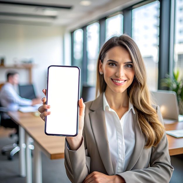 a woman holds a tablet in an office with a white screen that says quot samsung quot