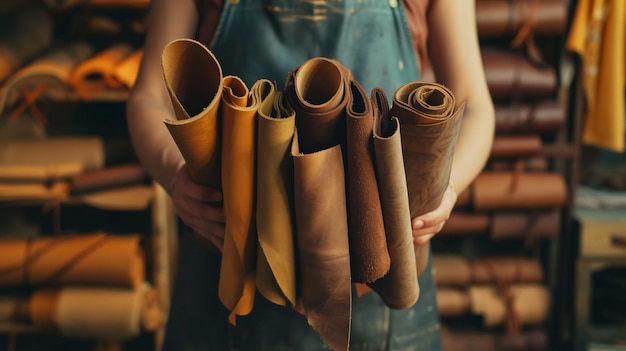 a woman holds up a bunch of rolled up paper