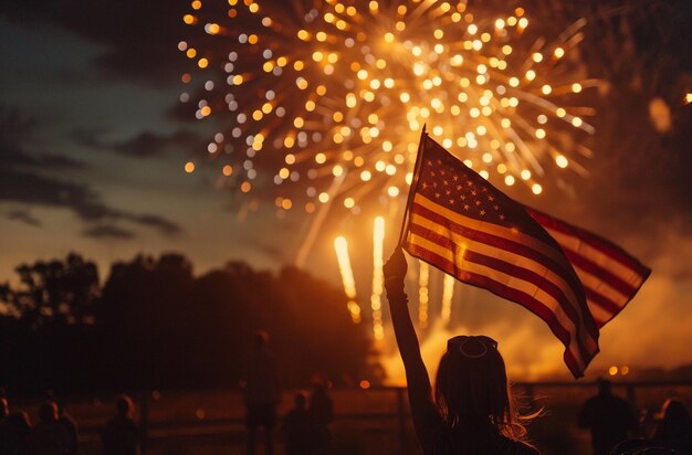 a woman holds up a flag that has the words  fireworks  on it