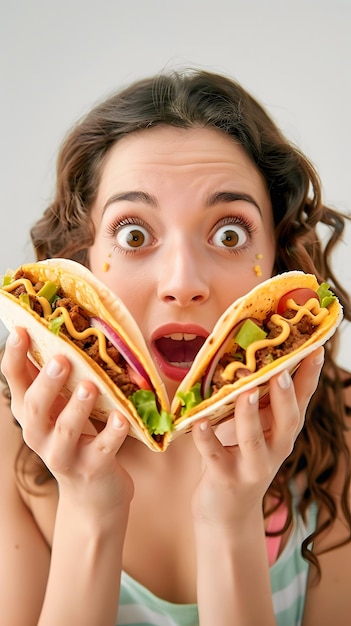 a woman holds up a giant burrito that has the word taco on it