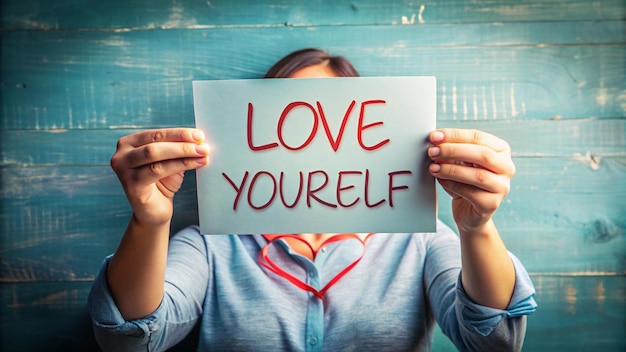 Photo a woman holds up a paper that says love yourself