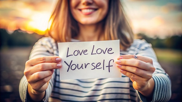 Photo a woman holds up a paper that says love yourself