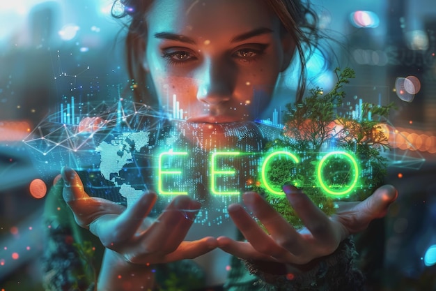 A woman holds the word ECO surrounded by data and technological green eco elements