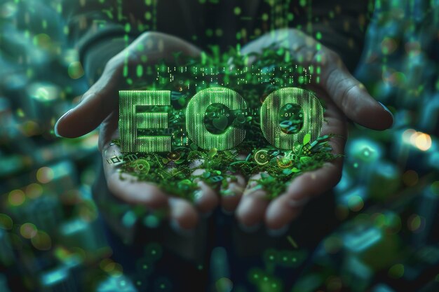 A woman holds the word ECO surrounded by data and technological green eco elements