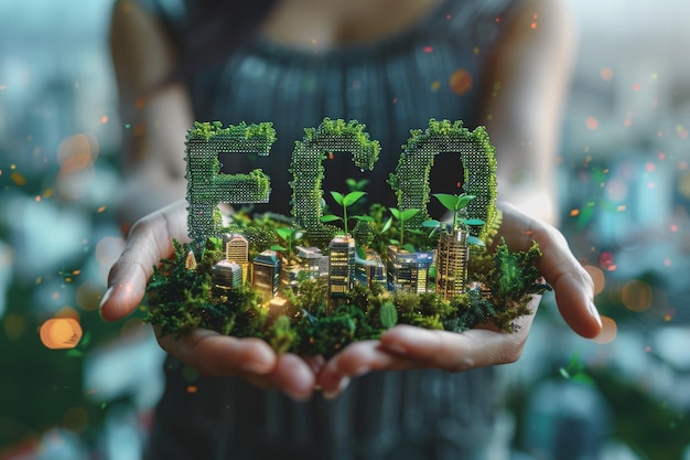 A woman holds the word ECO surrounded by data and technological green eco elements