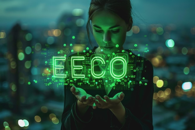 A woman holds the word ECO surrounded by data and technological green eco elements