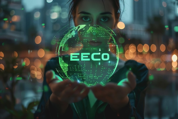 A woman holds the word ECO surrounded by data and technological green eco elements