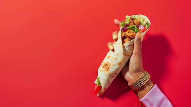 A woman holds a wrap filled with chicken and lettuce