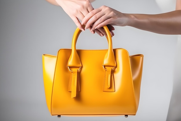 A woman holds a yellow bag with tassels on the handles.