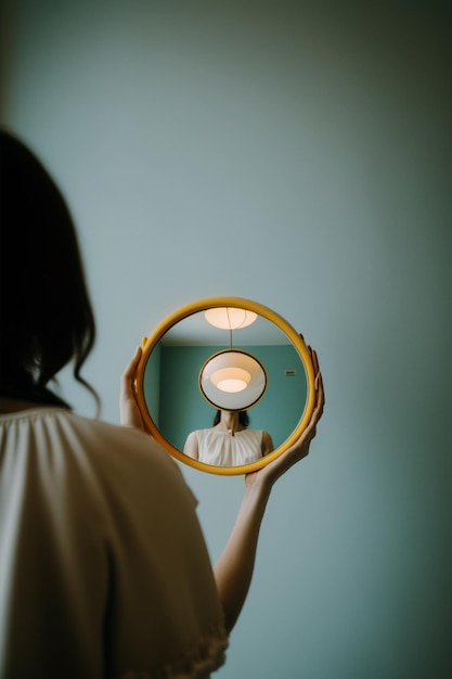 A woman holds a yellow mirror in front of a blue wall.