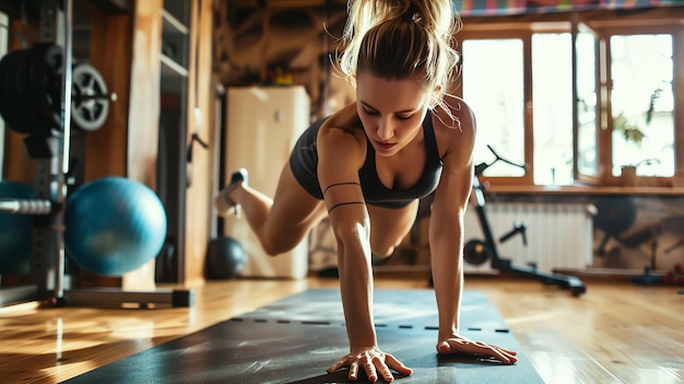 A woman in a home gym does a mountain climber exercise