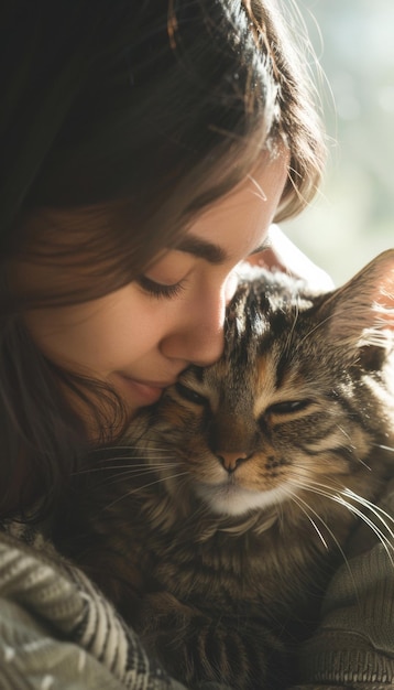 Woman at home tenderly embraces her pet cat capturing moment affection and companionship