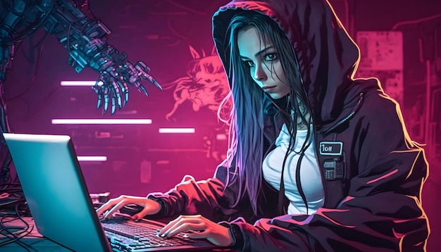 A woman in a hoodie sits at a laptop with a robot in the background.