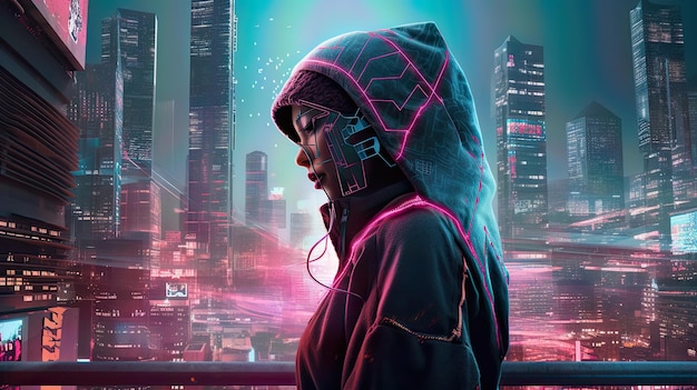 A woman in a hoodie stands in front of a cityscape.