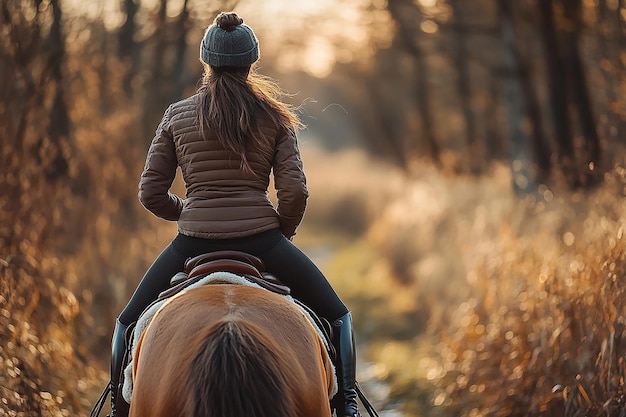 Photo woman horseback riding on a country trail