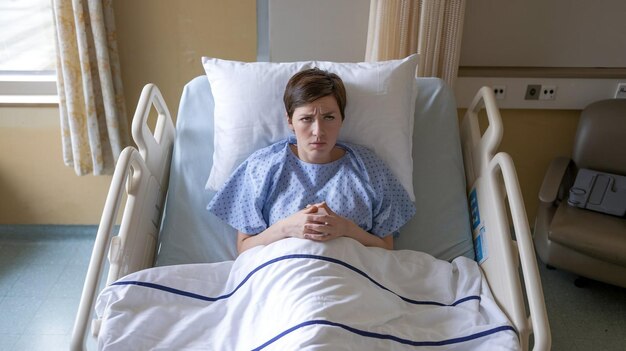 Photo a woman in a hospital bed with a pillow that says  no smoking