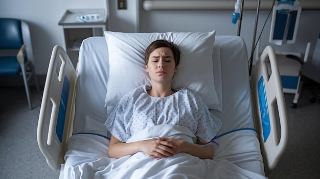 Photo a woman in a hospital bed with a white sheet on her lap