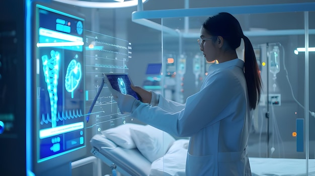 a woman in a hospital room with a monitor showing the time of 4  30