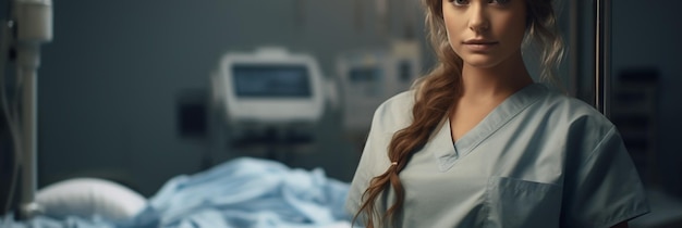 a woman in a hospital with a monitor in the background.