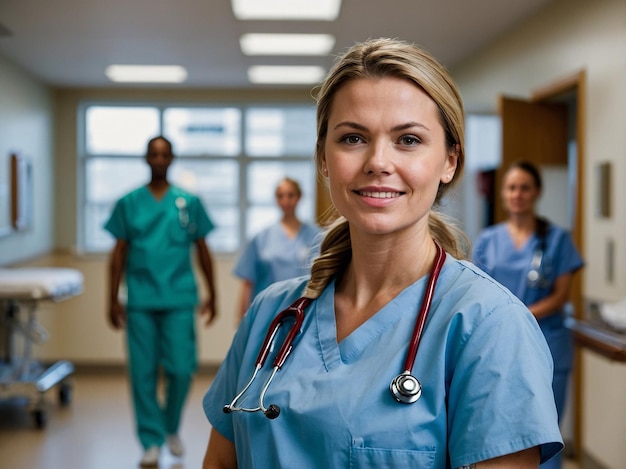 Photo a woman in a hospital with a nurse in the background