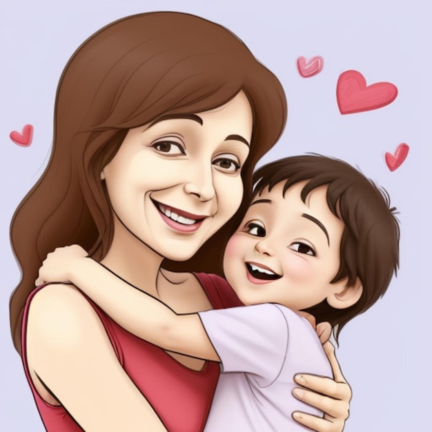 a woman hugging a child with a heart on the front