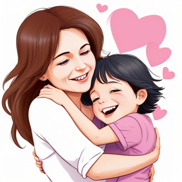 a woman hugging a child with a pink heart on her shoulder