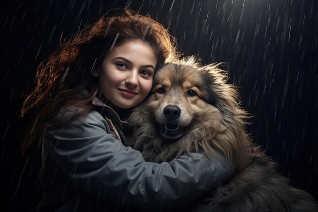 A woman hugging a dog in the rain