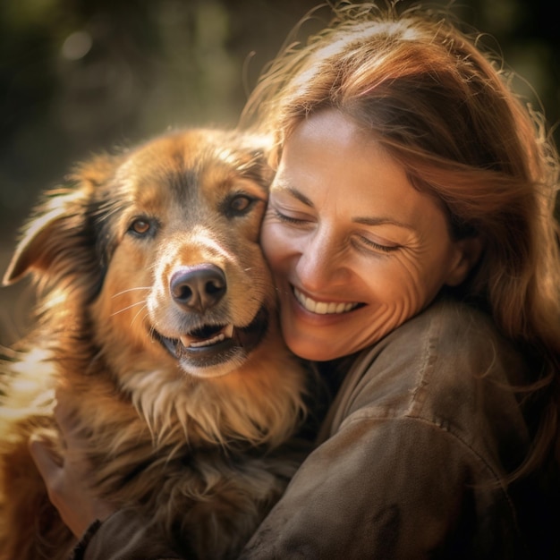 Photo a woman hugging a dog with a smile that says  the dog is smiling