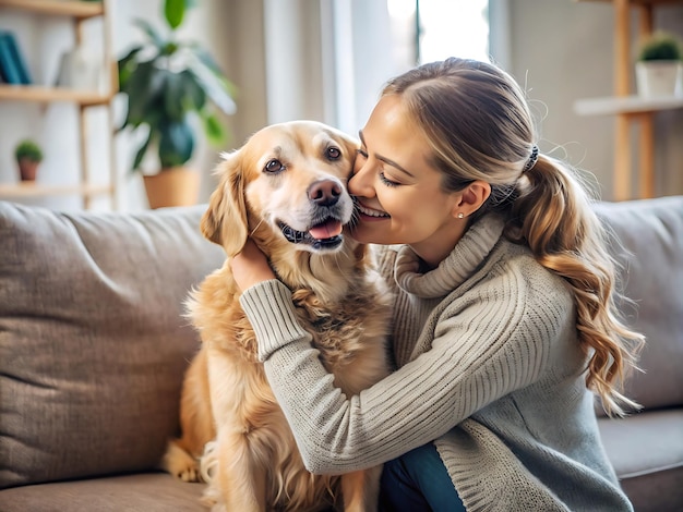 Photo a woman hugging a dog with a yellow dog in the background