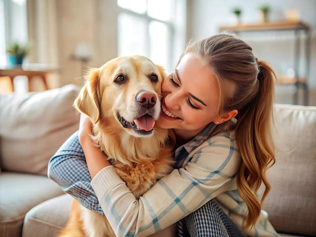 Photo a woman hugging a dog with a yellow dog in the background