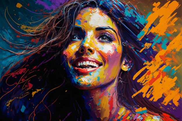 A woman hugging her self and smiling colorful illustration.