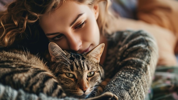 Photo woman hugging a tabby cat ai generated image