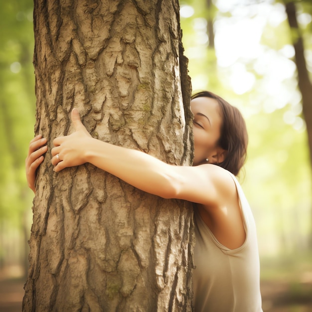 A woman hugging a tree with her eyes closed and the word tree on the side