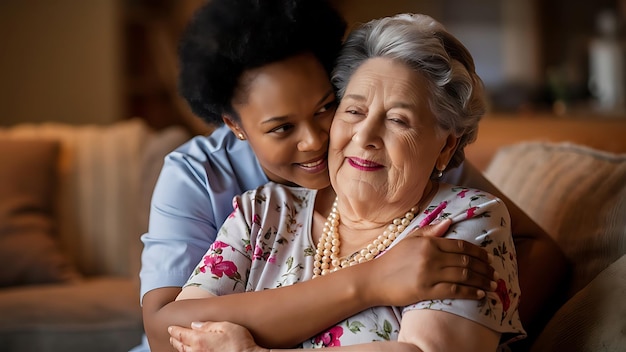 a woman hugs an old woman in a dress and smiles