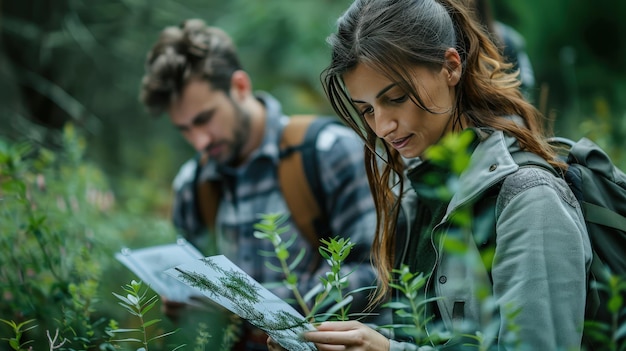 Photo woman identifying plant species in forest with guide book