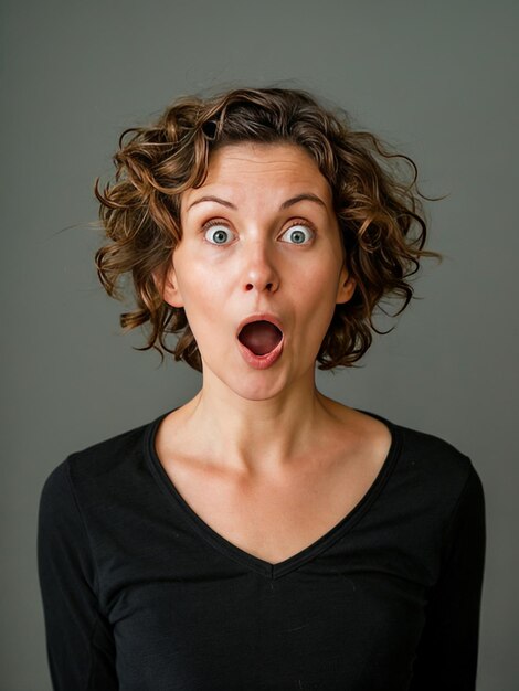 Photo the woman in the image has curly hair and is wearing a black shirt she appears to be surprised or shocked