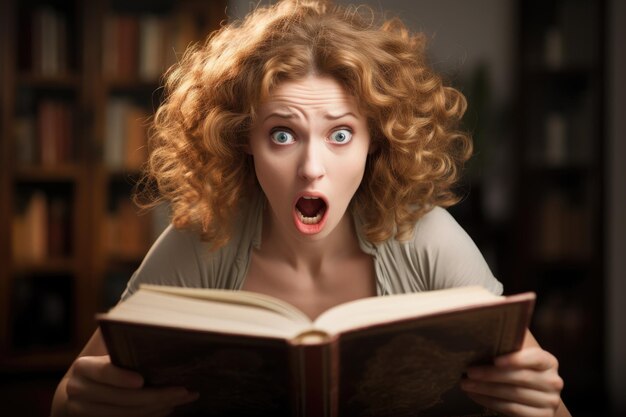 Photo a woman immersed in a book displays a surprised expression on her face woman reading books and giving shocking expression ai generated